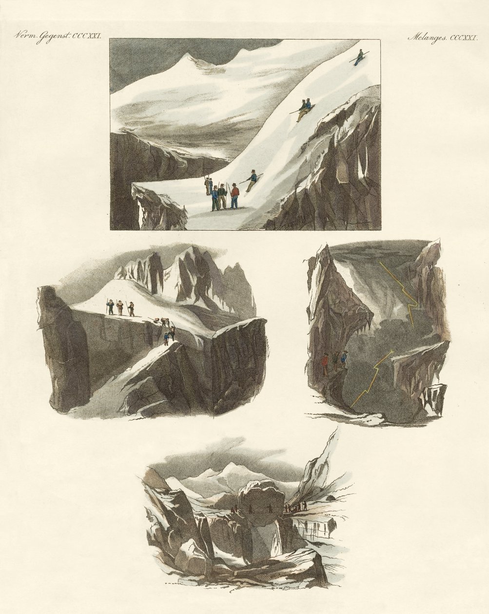 Angående bestigningen av Mount Blanc (farget gravering) av German School
