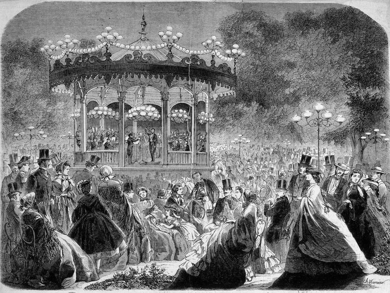 Konsert ved musikkiosken Champs-Elysées, tysk gravering v. 1861. av German School