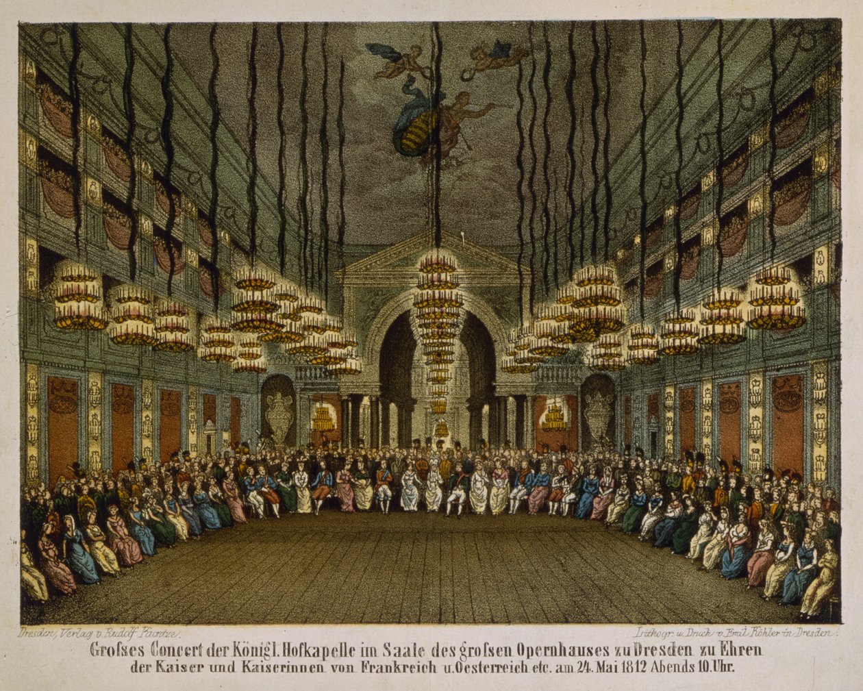 Konsert av det kongelige bandet i auditoriet til Dresden Opera House til ære for det keiserlige paret, 1812 (farge litho) av German School