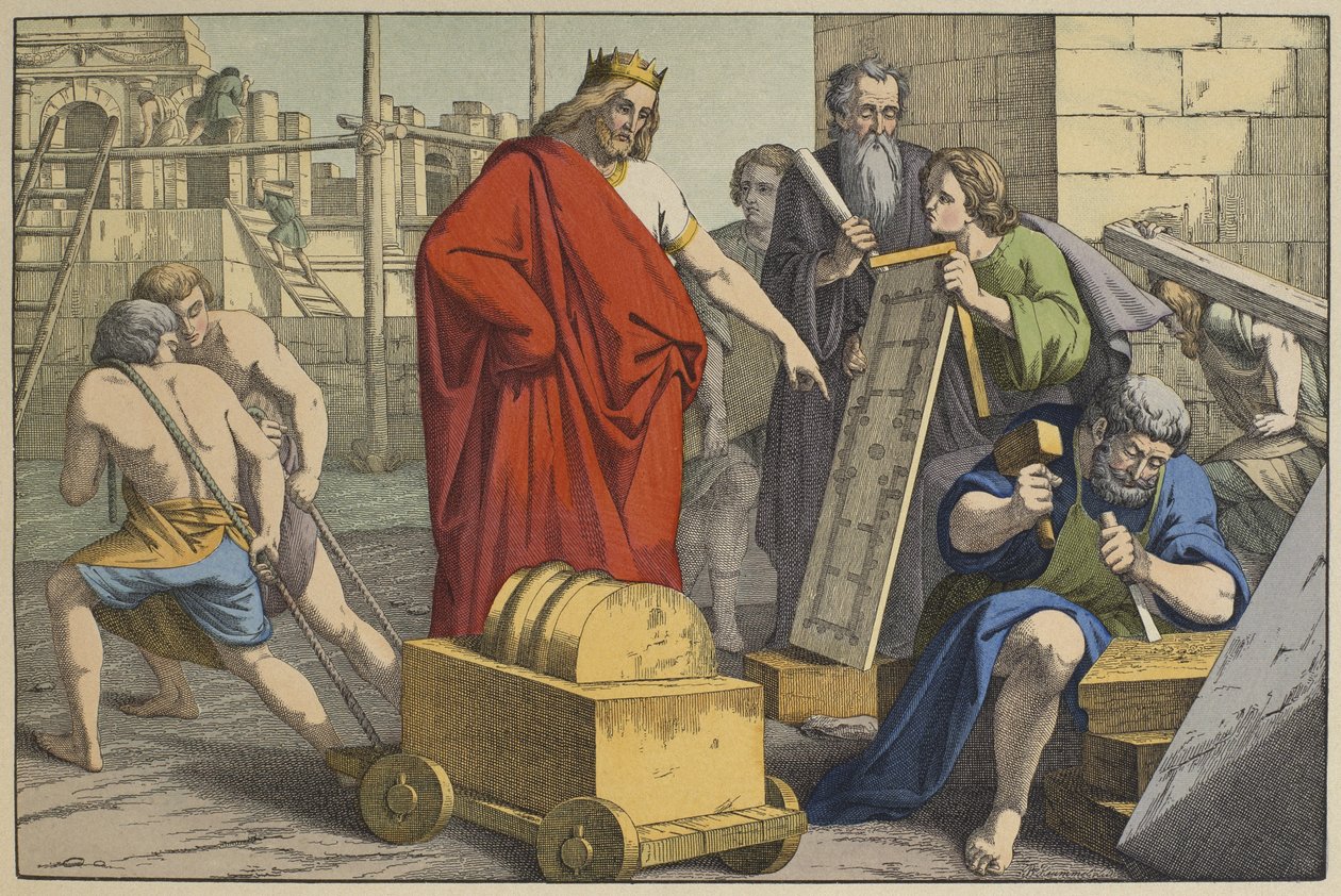 Bygging av Jerusalems tempel, illustrasjon fra LANcien Testament, utgitt av Jakob Ferdinand Schreiber, Esslingen (fargegravering) av German School