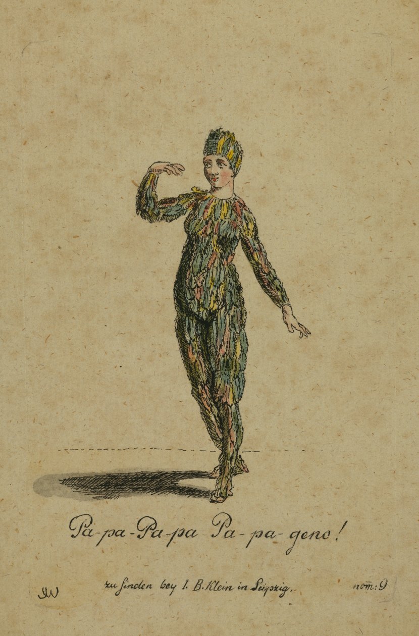 Kostymedesign for rollen som Papageno i operaen Tryllefløyten av Wolfgang Amadeus Mozart, utgitt i Leipzig av I. B. Klein, 1793 (fargegravering) av German School