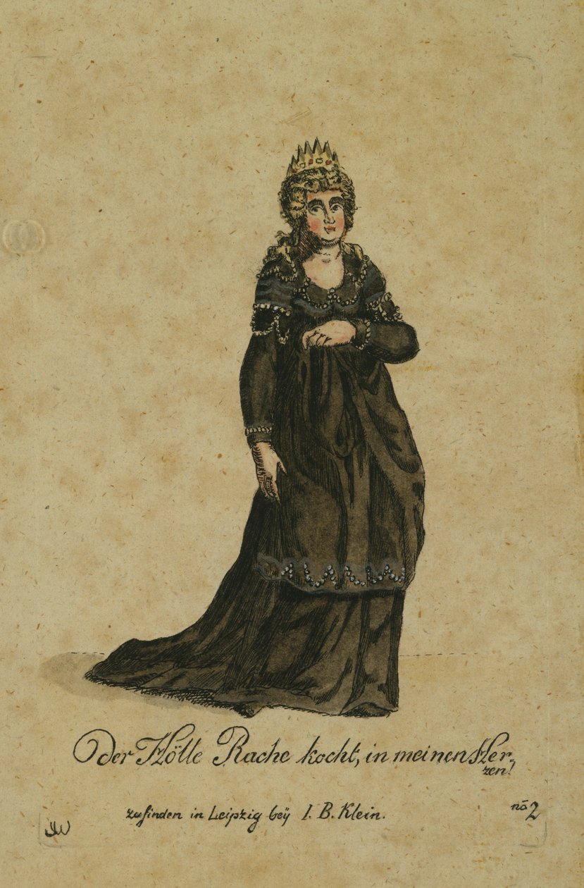 Kostymedesign for rollen som Nattens Dronning i operaen Tryllefløyten av Wolfgang Amadeus Mozart, utgitt i Leipzig av I. B. Klein, 1793 (fargegravering) av German School