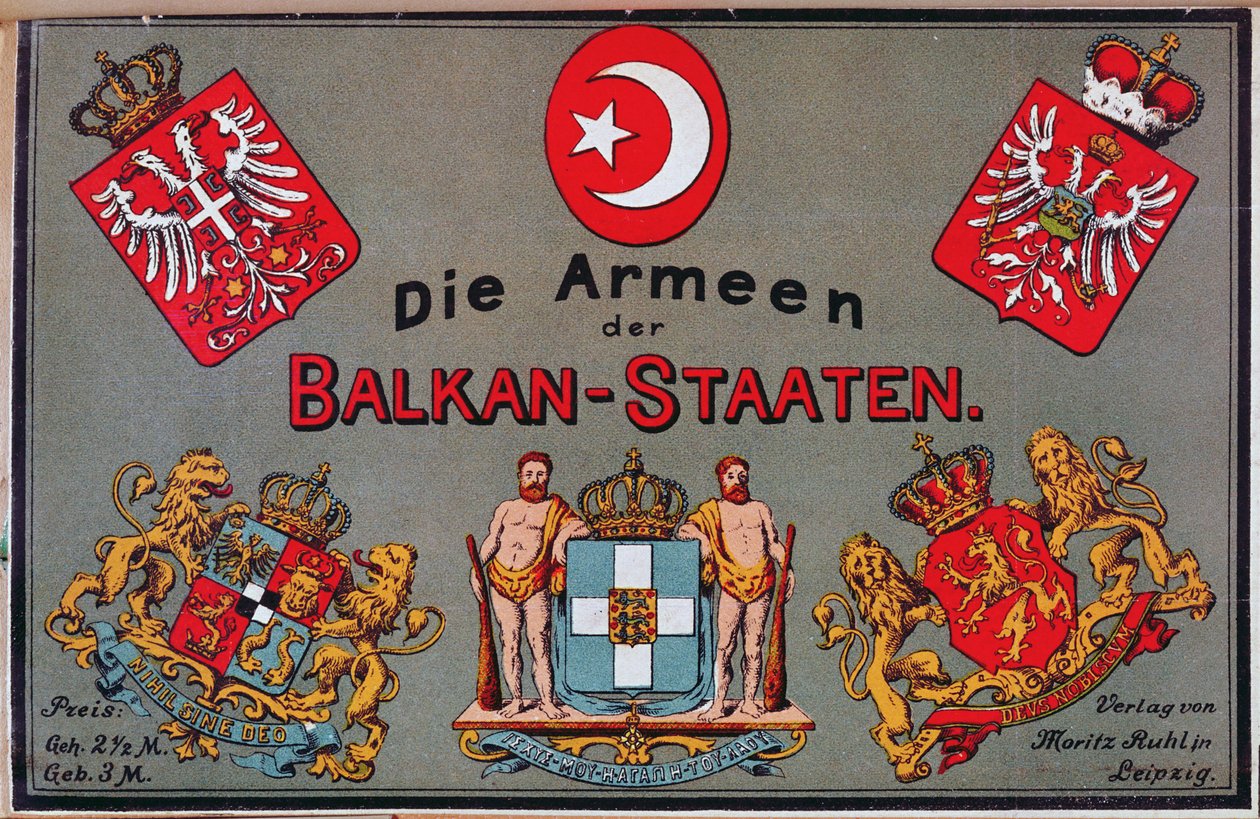 Omslag til brosjyre om Armies of the Balkan States, ca. 1912 av German School