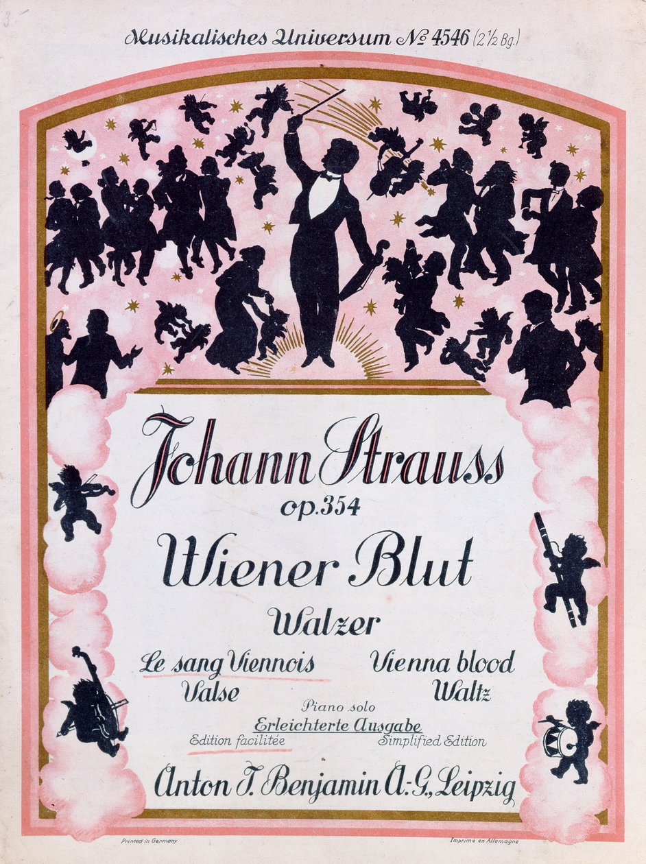 Omslag til partituret til den berømte valsen Wiener Blut op.354 av Johann Strauss II, (1825-99), 1930 av German School
