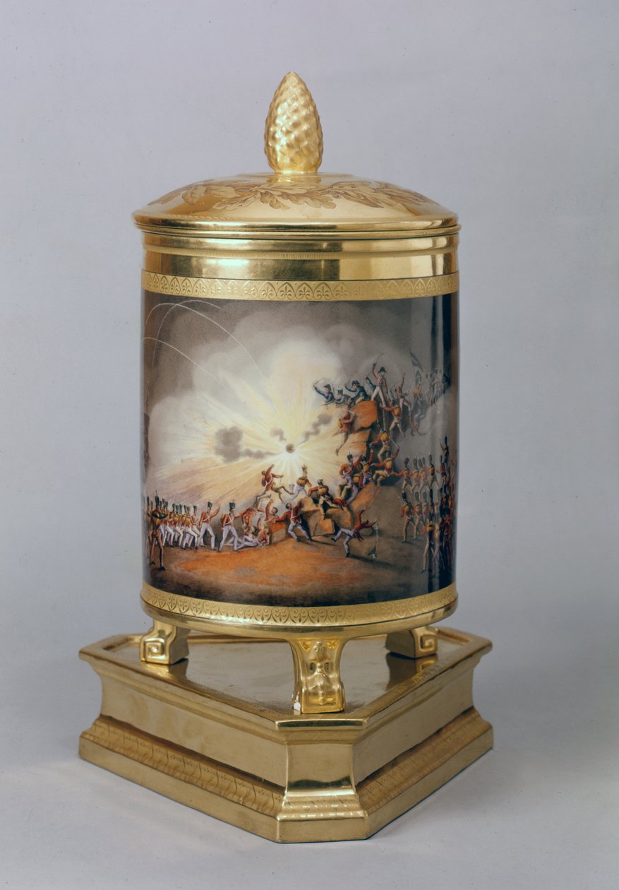 Dekket gryte som viser stormingen av Ciudad Rodrigo, fra den prøyssiske middagstjenesten, Berlin, 1816-19 (porselen og forgylt) av German School