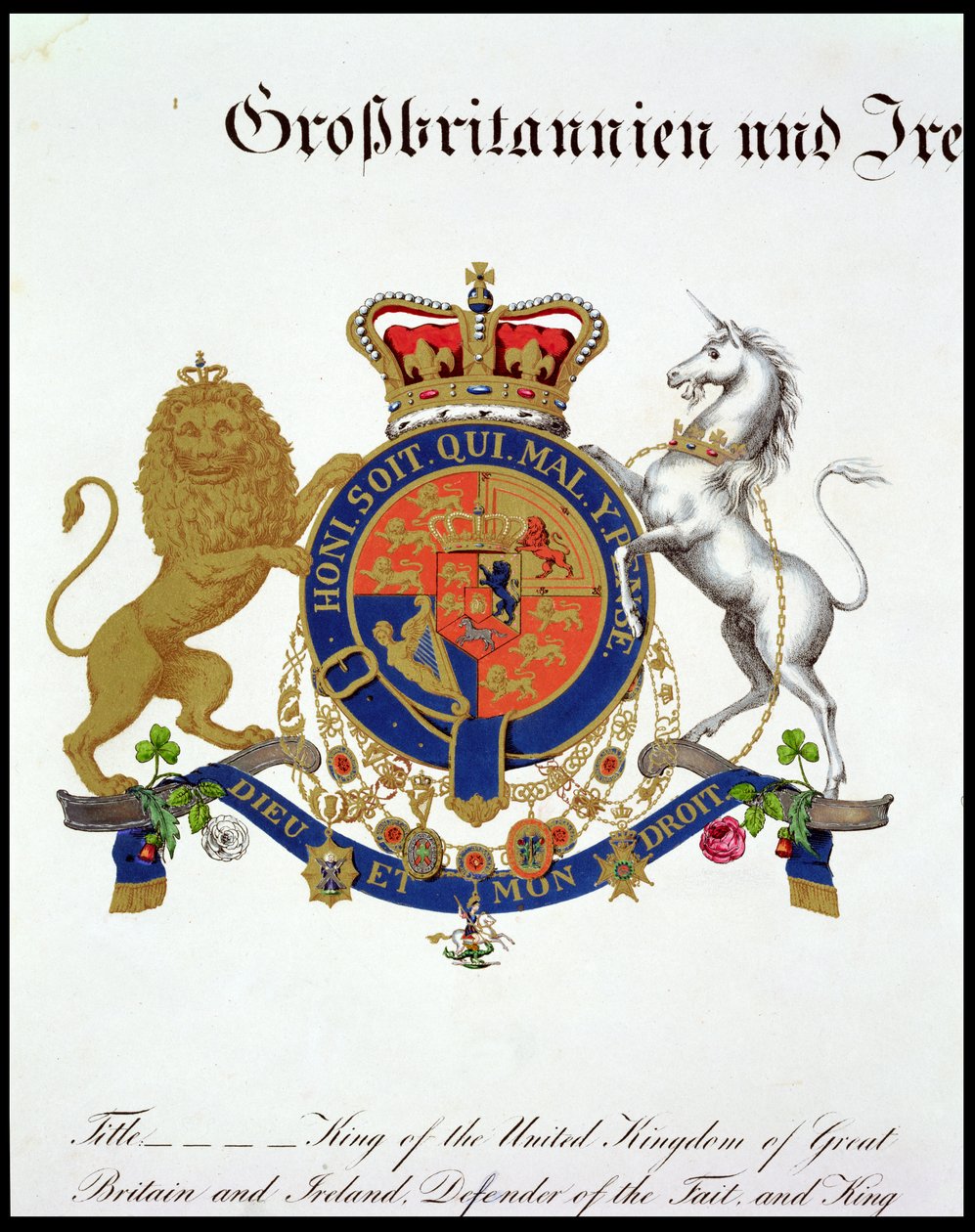 Crest of the King of the United Kingdom of Great Britain and Ireland, Defender of the Faith og King of Hannover (ca. 1801-37) (se også 111318) av German School