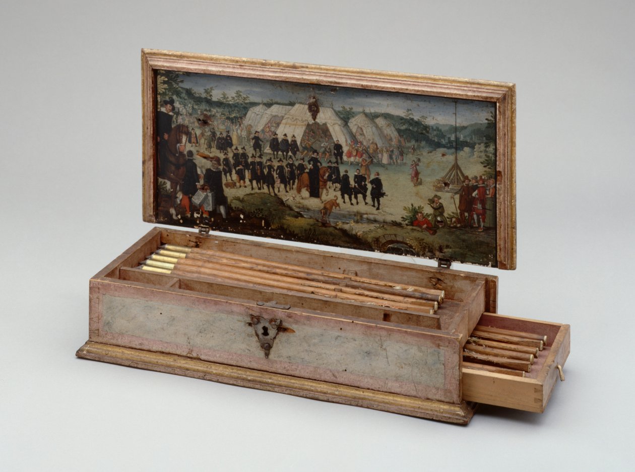 Armbrøstboltboks tilhørende prins Otto von Hesse, 1615 (malt tre) (se også 312141-43) av German School