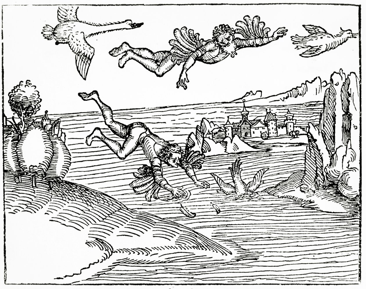 Daedalus, som rømmer fra Kreta med sønnen sin, Ikaros, ser ham falle i døden, 1493 (tresnittgravering) av German School