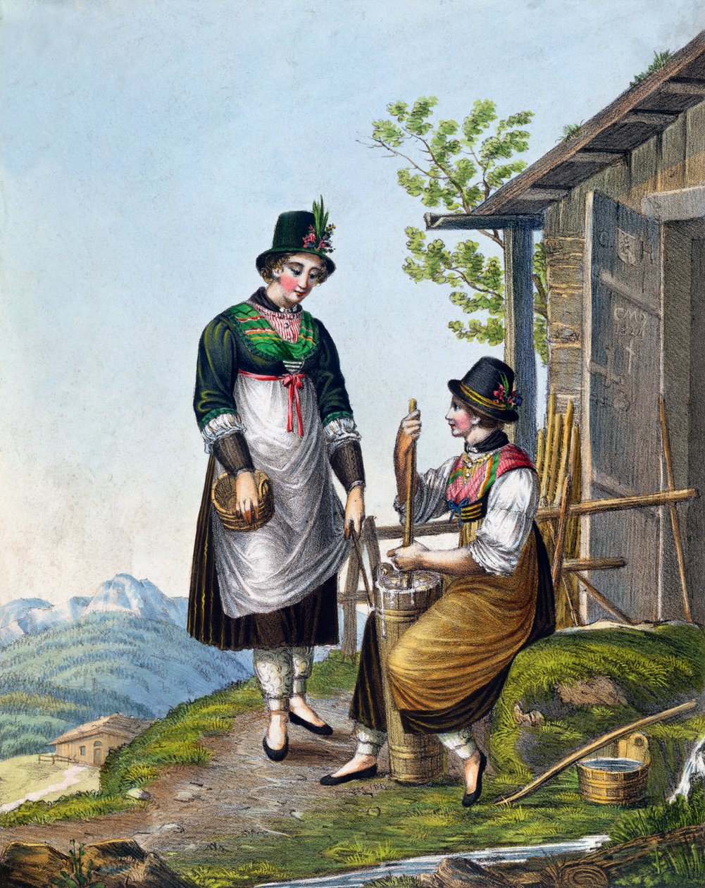 Meierepiker i Alpene nær Tegernsee, tidlig på 1800-tallet (fargegravering) av German School