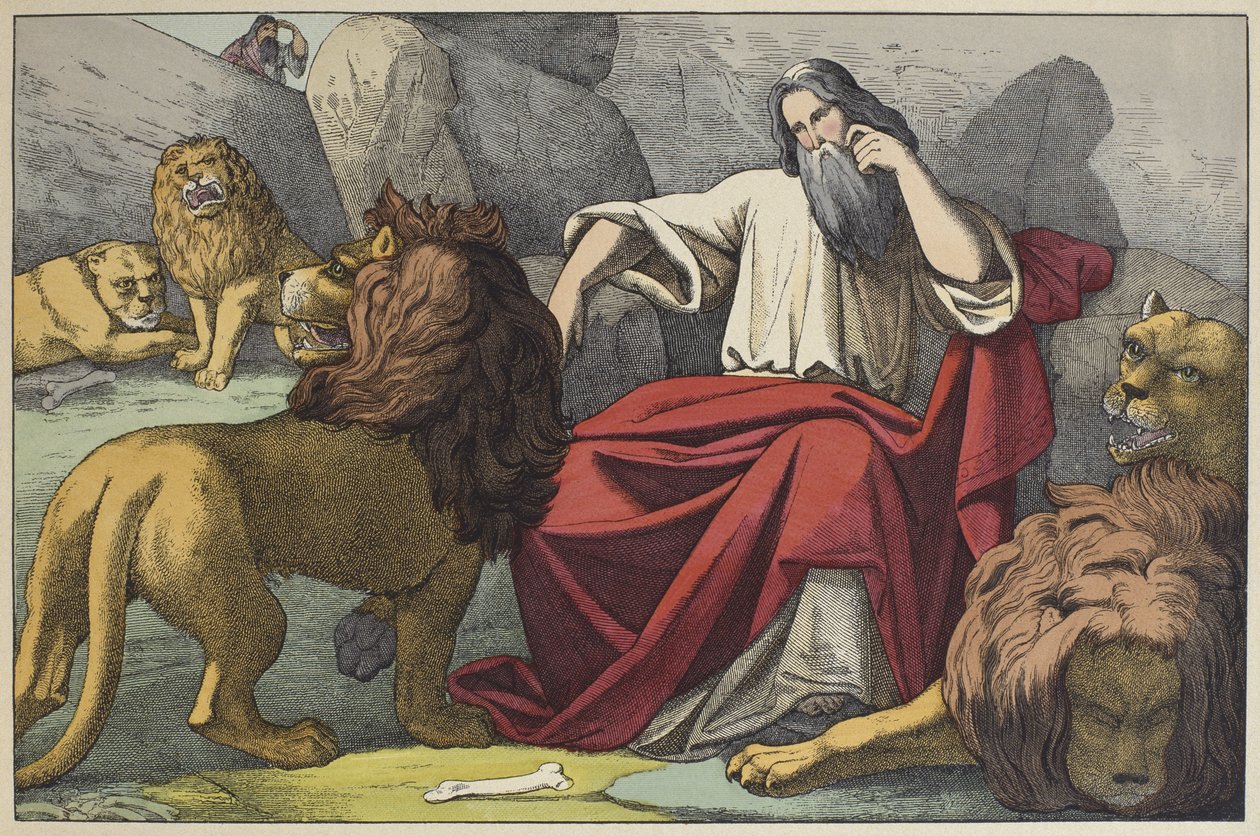 Daniel i løvehulen, illustrasjon fra LAncien Testament, utgitt av Jakob Ferdinand Schreiber, Esslingen (fargegravering) av German School