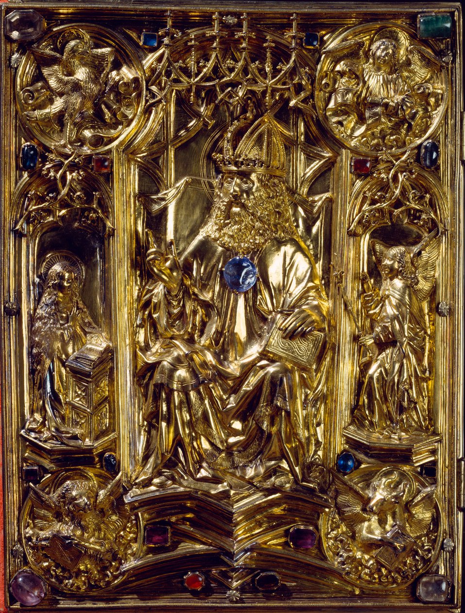 Das Reichsevangeliar Engler og symboler til de fire evangelistene. The Evangelical of Aachen. Kunsthistorisches Museum fra 800-tallet, Wien av German School