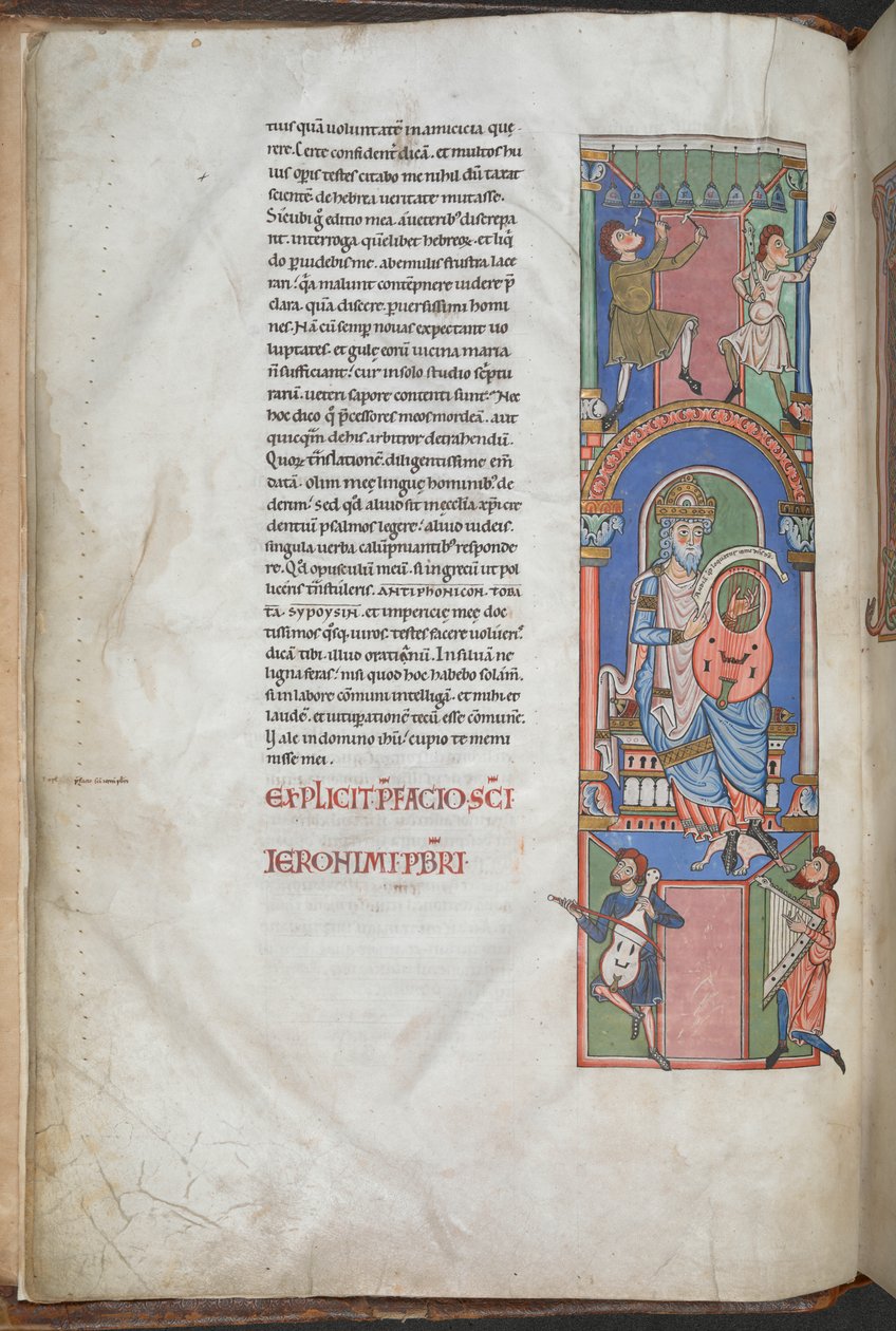David som harpist i forordet til Salmene, #39;Worms Bible#39;, Harley 2804 f.3v, 2.-3. kvartal 1100-tallet (blekk og farge på pergament) av German School