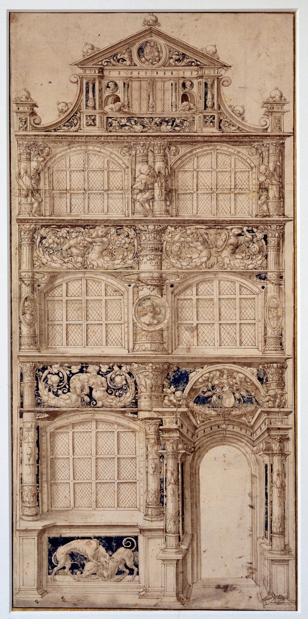 Utsmykning av husfasade av Hans Holbein Le Jeune (1497-1543) (Ec. All.) Dim. 0,58 x 0,27 m Paris. Museet Louvre av German School