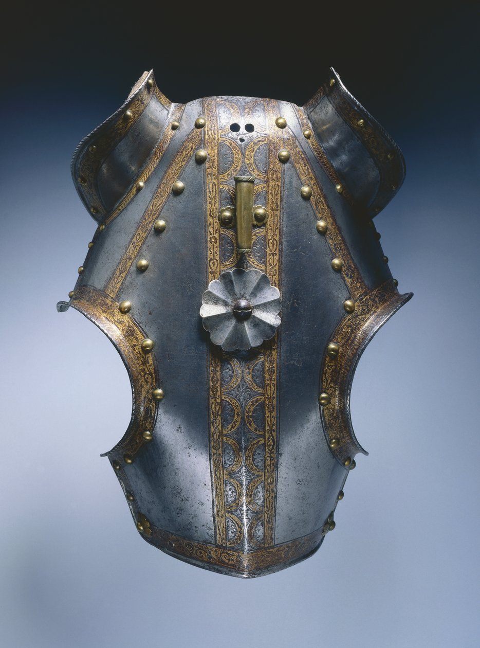 Demi-chanfron, Augsburg, ca. 1550 (etset og forgylt stål med lær) av German School
