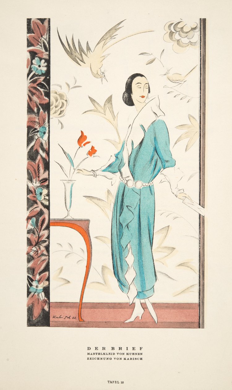 Der Brief, Coat Dress av Kurnen, fra Styl, pub.1922 (pochoir-trykk) av German School