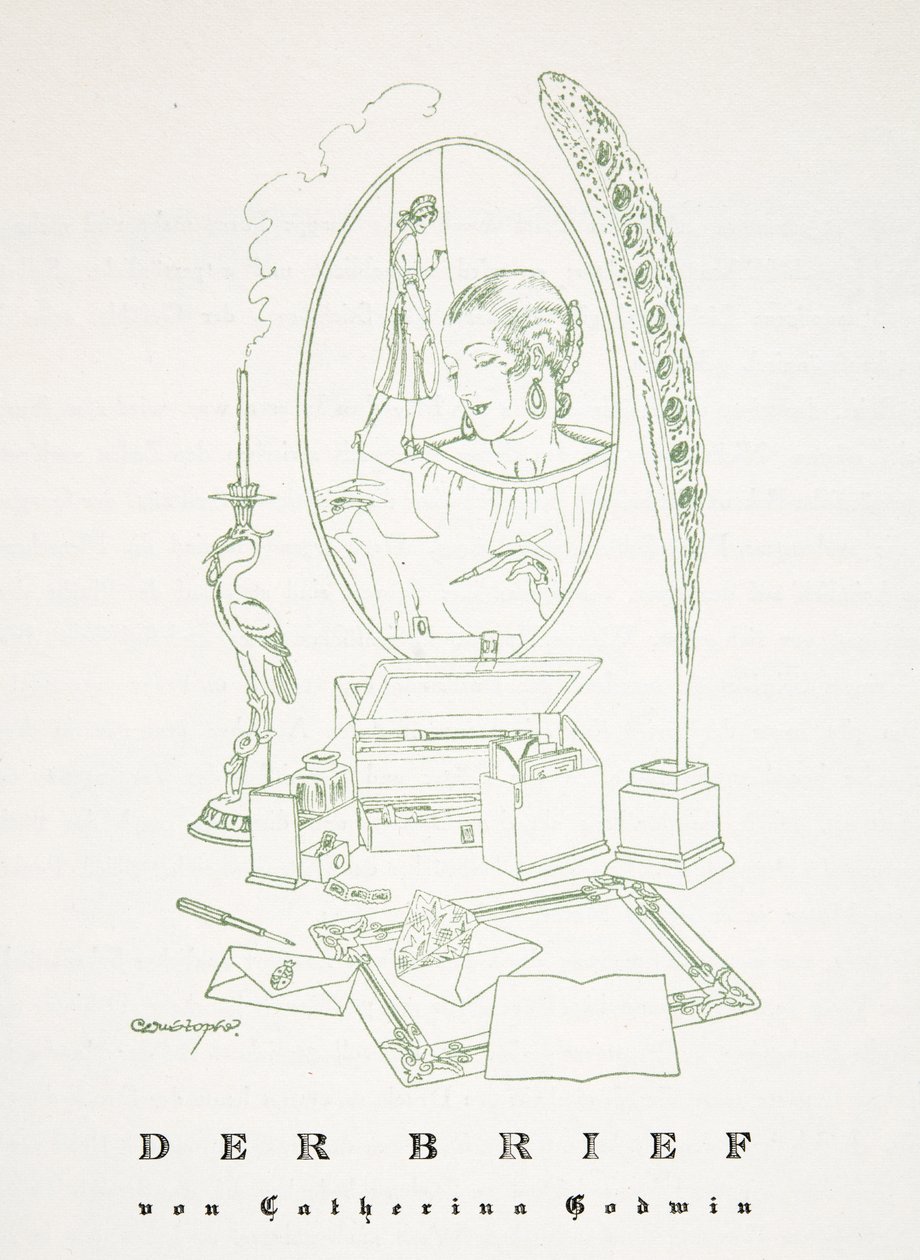 Der Brief av Catherina Godwin, fra Styl, pub.1922 (pochoir-trykk) av German School