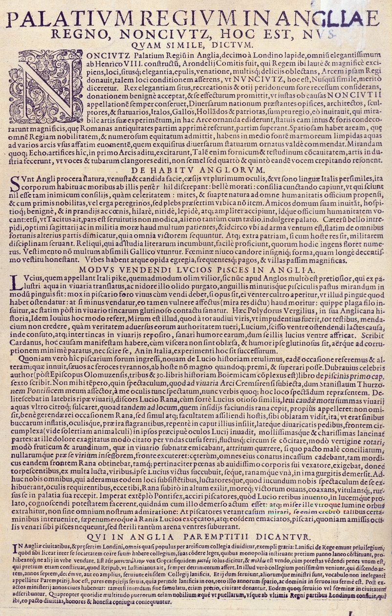 Beskrivelse av Palace of Nonesuch, engelske folk, deres utseende og skikker, måten å selge fisk på i England og beskrivelse av læreordningen, 1598 (trykt papir) (se også 3 av German School