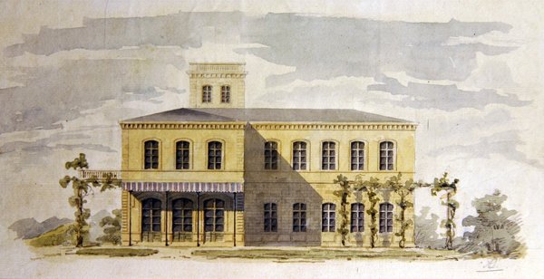 Design for en italiensk klassisk villa, ca. 1850 (akvarell med penn og blekk på papir) av German School