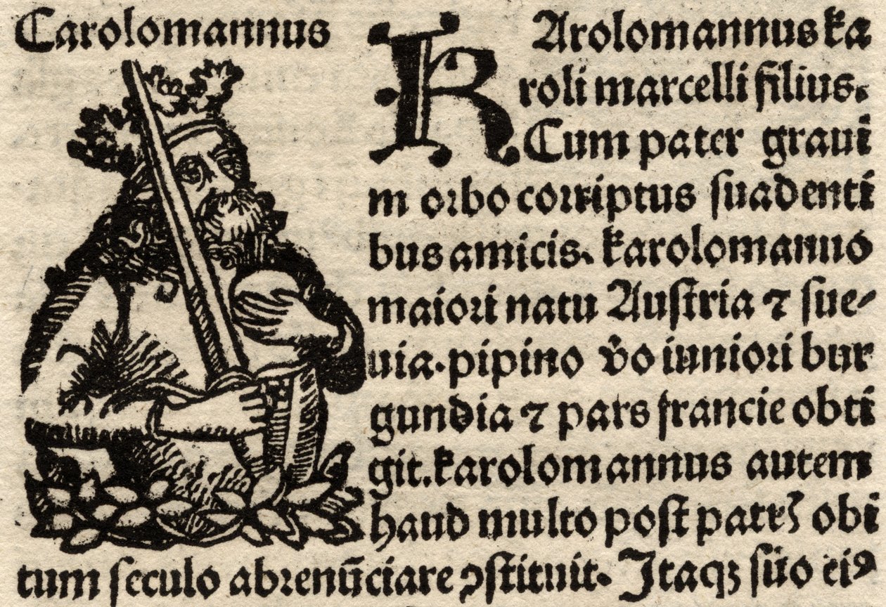 Detalj fra et originalt incunabelt blad, som viser Charlemagne (742-814) før 1500 (se også 237071) av German School