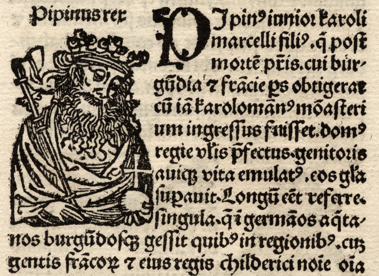 Detalj fra originalt incunabelt blad, som viser Pepin I (803-38) før 1500 (se også 237070) av German School
