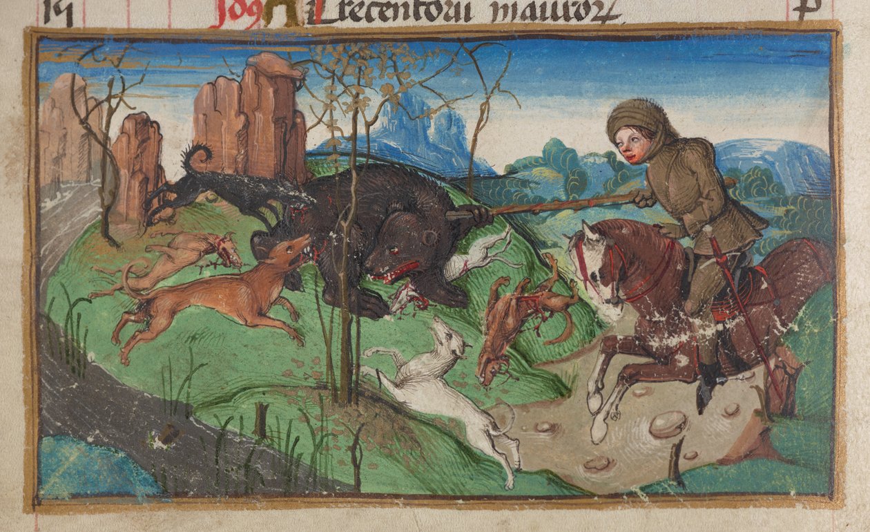 Detalj av en miniatyr av en adelsmann engasjert i bjørnejakt, fra kalendersiden for oktober, ca. 1475-1485 av German School