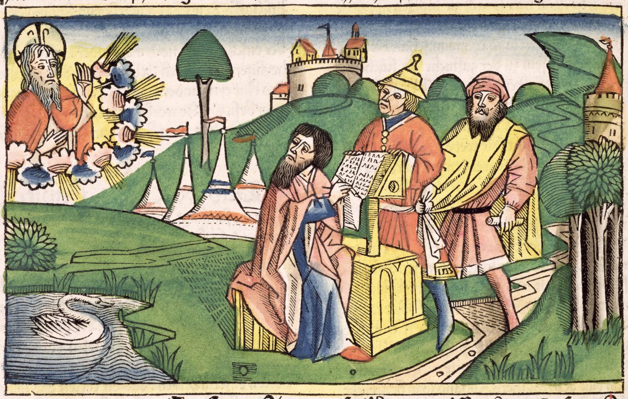 Deuteronomy: Frontispice der Gud lager lovene, fra Nürnberg-bibelen (Biblia Sacra Germanaica) (farget tresnitt) av German School