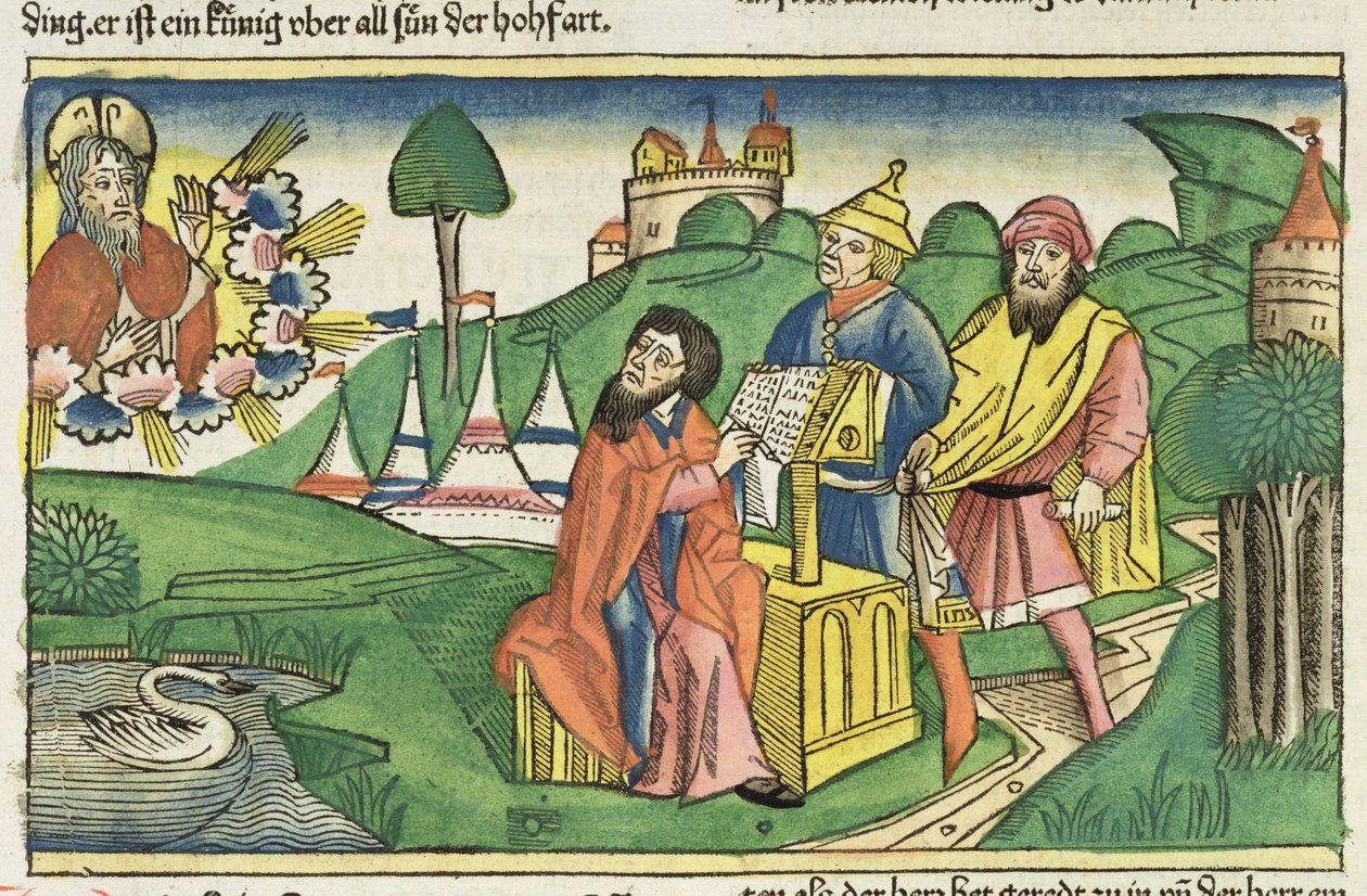 Deuteronomy: Frontispice der Gud lager lovene, fra Nürnberg-bibelen (Biblia Sacra Germanaica) (farget tresnitt) av German School