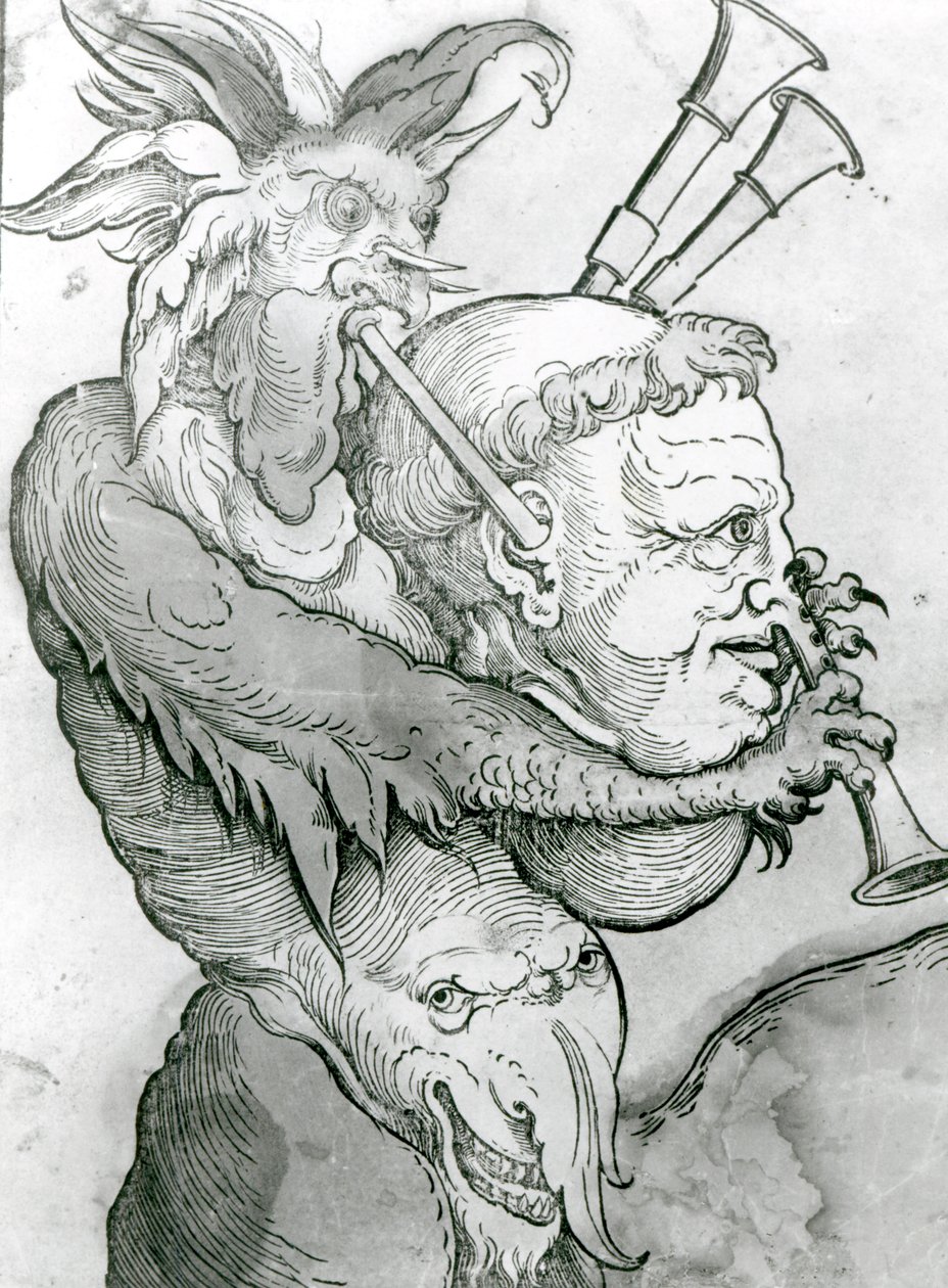Devil Playing Mans Head as sekkepipe, 1144 (tresnitt) av German School
