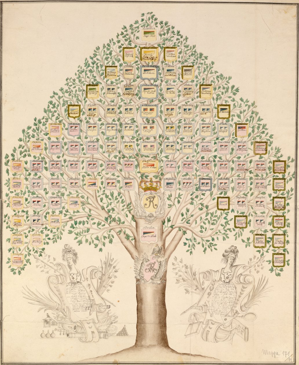 Diagram over de 97 stasjonene til regimentene som utgjorde den kongelige prøyssiske hæren, 1756 (penn, blekk og wc på papir) av German School