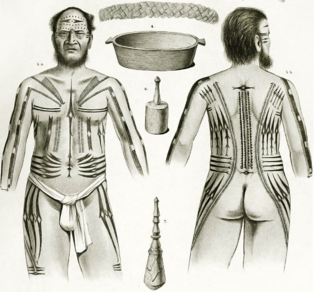 Diagram som viser forskjellige polynesiske artefakter og tatoveringsdesign, 1888 av German School