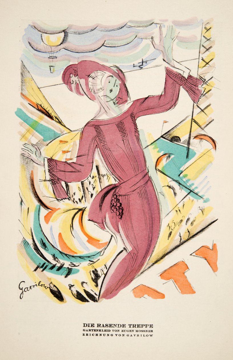 «Die Rasende Treppe», reklame for kjole av Eugen Mossner, fra Styl, utgitt 1922 (pochoir-trykk) av German School