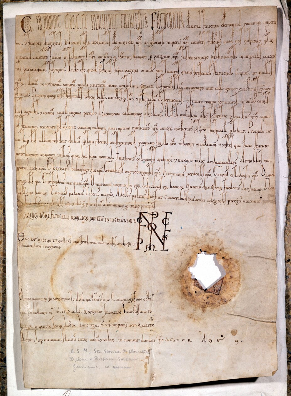 Diplom for sykehuset i Mantua datert 10. juli 1158. Dokumentet er signert av den tyske keiseren Frederick I Barberossa (1122 - 1190). Nasjonalarkivet i Milano. av German School