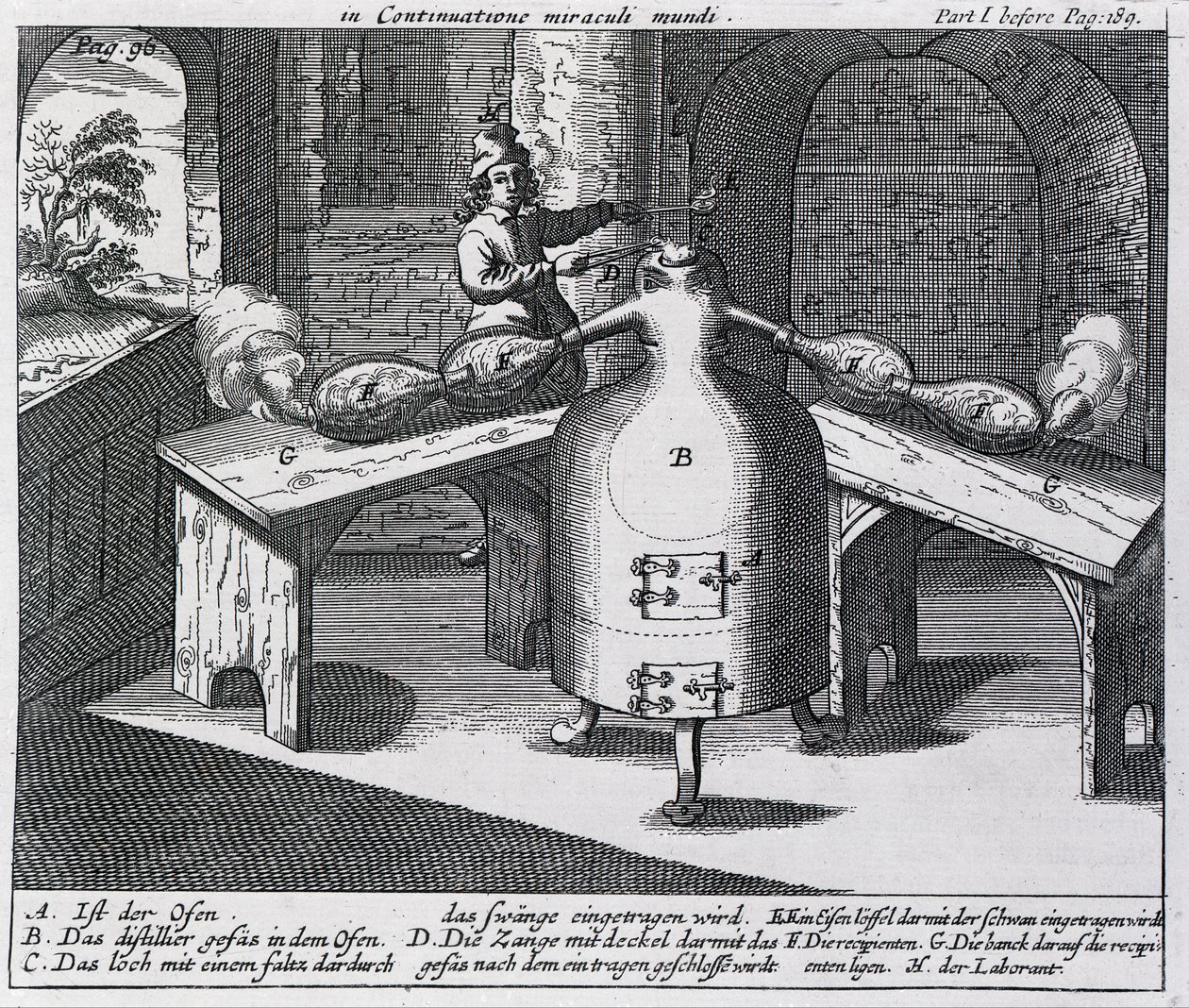 Destillasjon av salpetersyre (Aqua fortis eller skillesyre) i en jernmann med to neser av German School