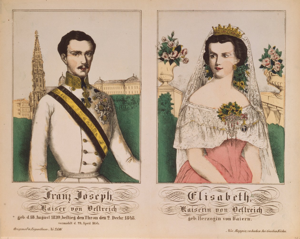 Dobbeltportrett av keiser Franz Joseph I av Østerrike, og keiserinne Elizabeth, fra Neuruppiner Bilderbogen, 1854 av German School