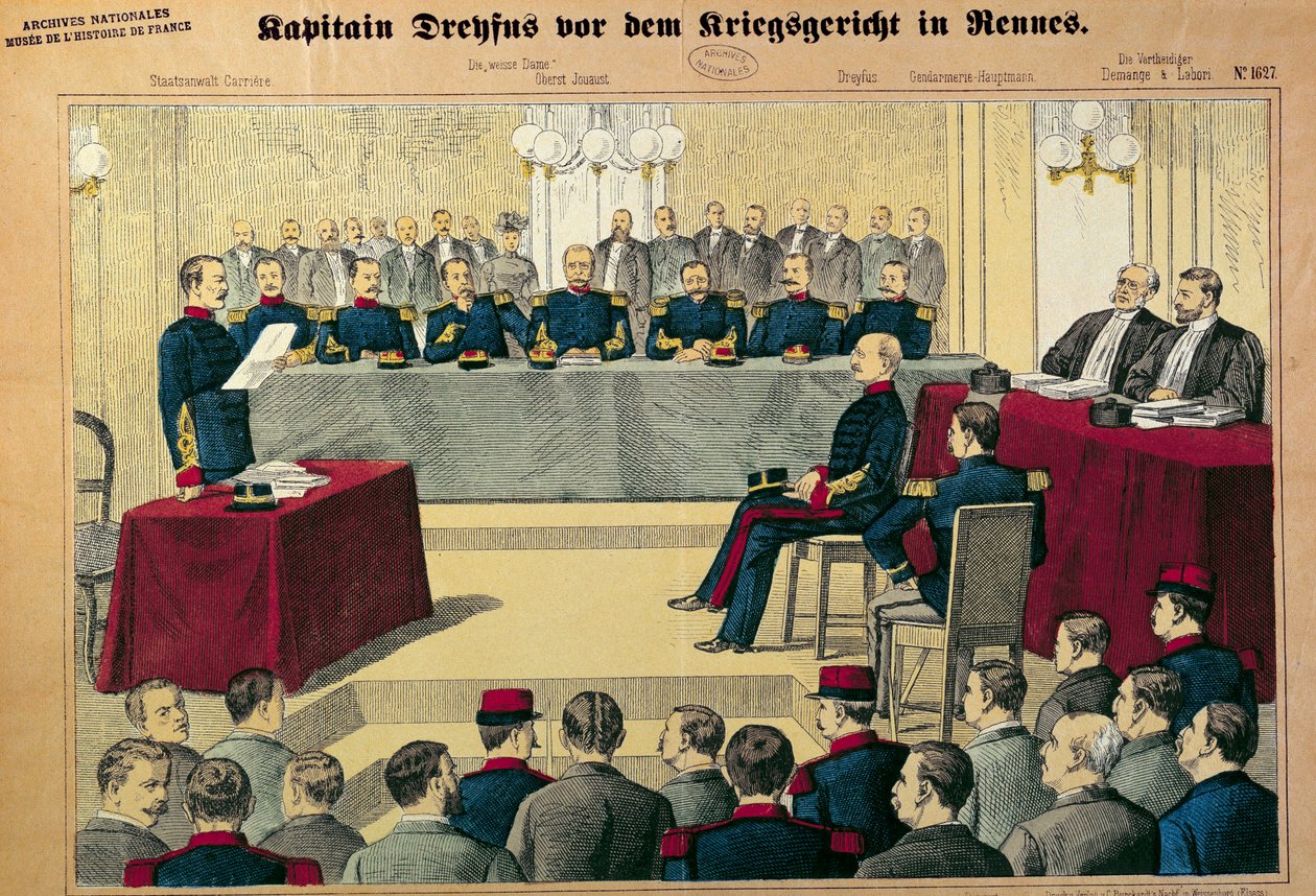 Dreyfus-saken: rettssaken i revisjon av kaptein Dreyfus (1859-1923) Illustrasjon fra tysk presse av German School