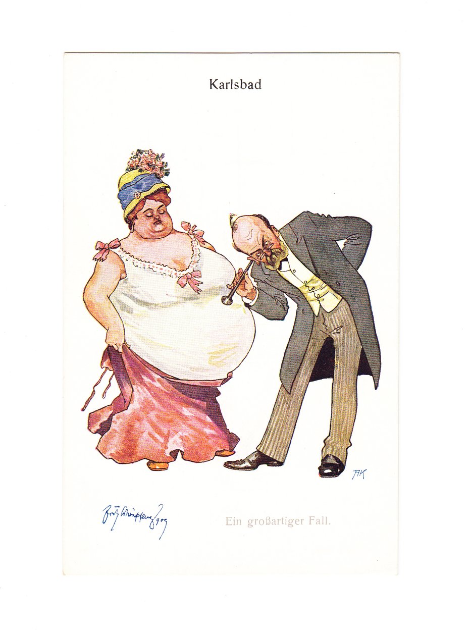 Edvardiansk humoristisk postkort av en lege med ørestykket til en veldig feit kvinnes mage, ca. 1910 (litho-farge) av German School