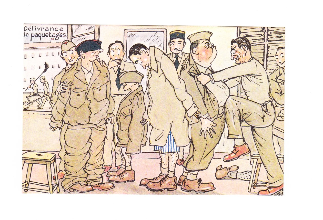 Edvardiansk humoristisk postkort av nye rekrutter undersøkt på en hærstasjon, ca. 1910 (farge litho) av German School