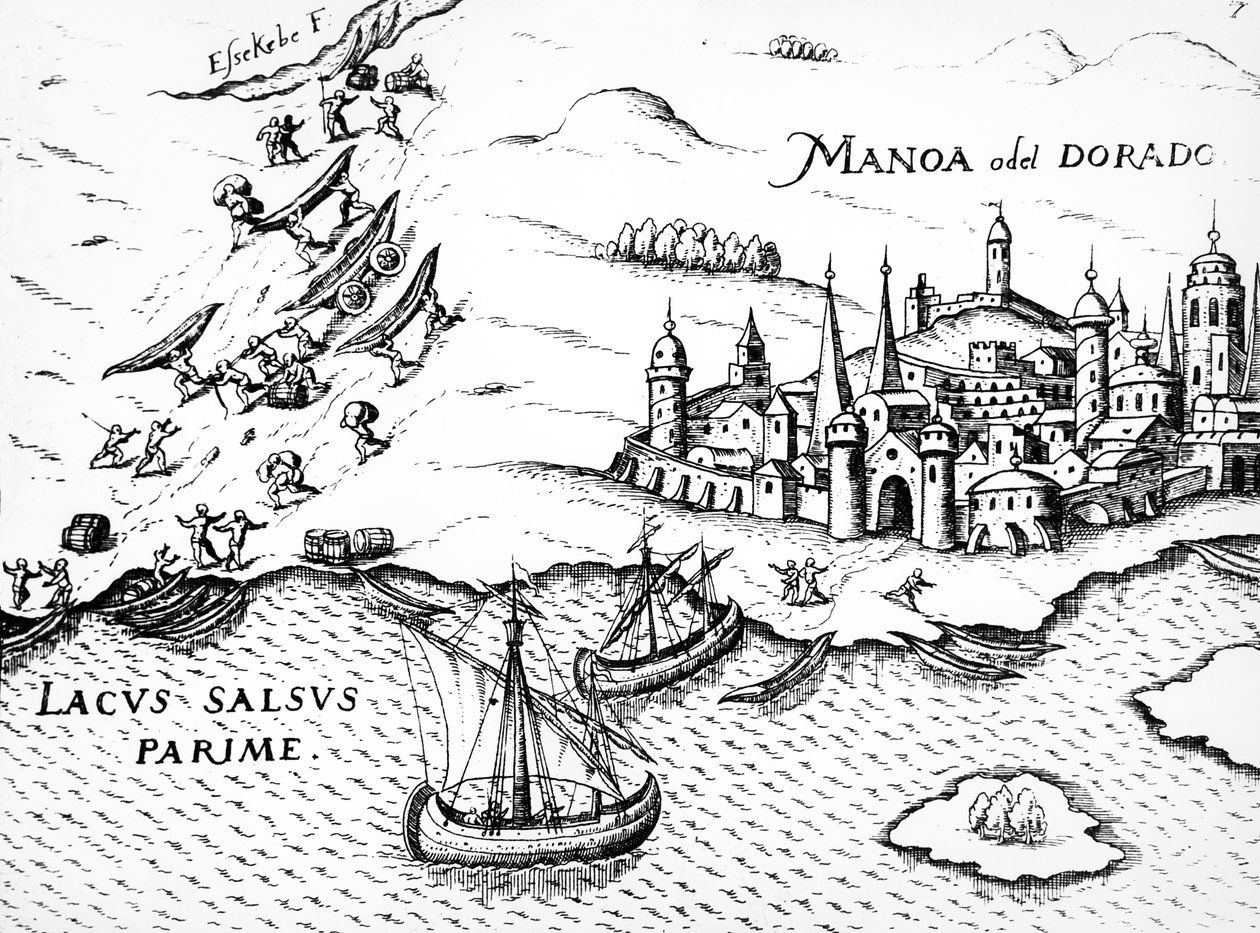 Eldorado, illustrasjon fra Regni Guianae, av G. Raleigh, 1594-96 av German School