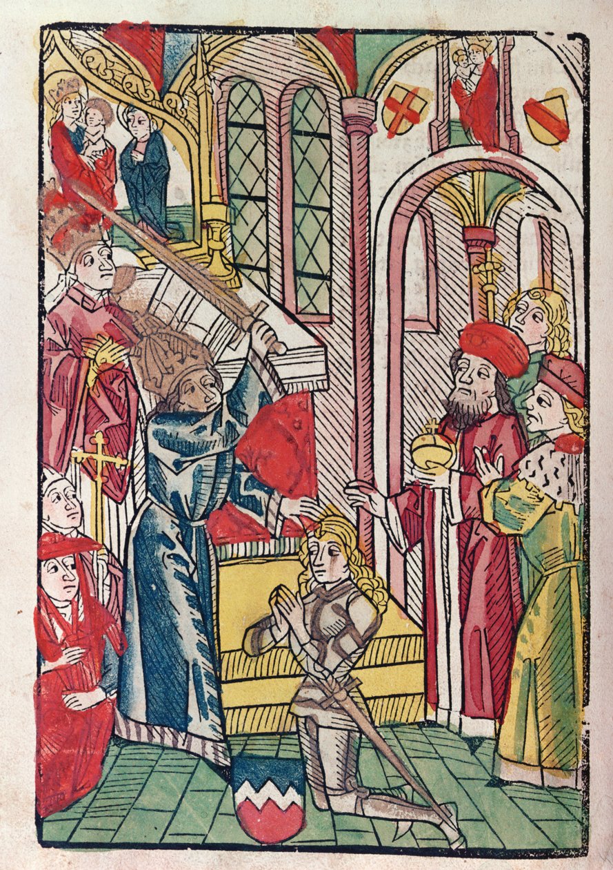 Keiser Sigismund (1367-1437) av Luxemburg dubber en ridder (fargetresnitt) av German School