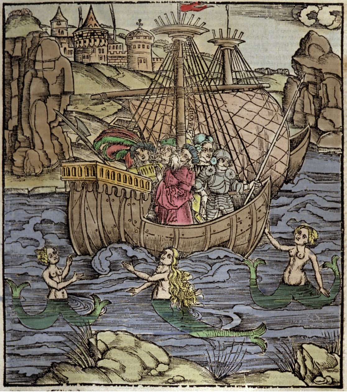 Aeneiden av Virgil (70 f.Kr.-19 f.Kr.), den trojanske helten Enee og hans følgesvenner krysser et hav fullt av sirener. Xylografi av Sebastian Brant (1458-1521). Strasbourg av German School