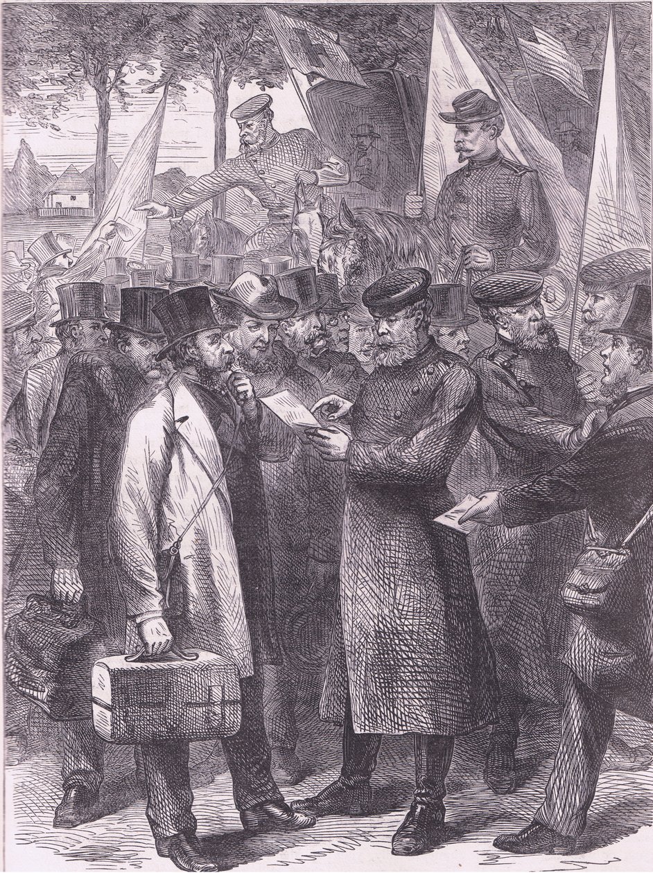 Engelske innbyggere som forlater Paris, Cassells History of the War between France and Germany utgitt av Cassell and Company Limited, ca. 1890 (litho) av German School