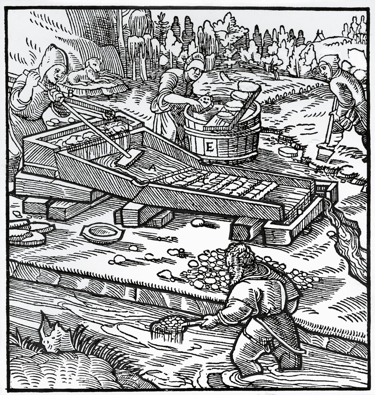Gravering fra De re metallica (Om metallers natur), av Georg Pawer eller Georgius Agricola (1494-1555) av German School