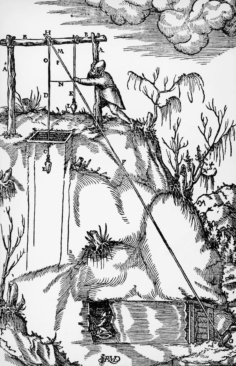 Gravering fra De re metallica (Om metallers natur), av Georg Pawer eller Georgius Agricola (1494-1555), utgitt i Basel av German School
