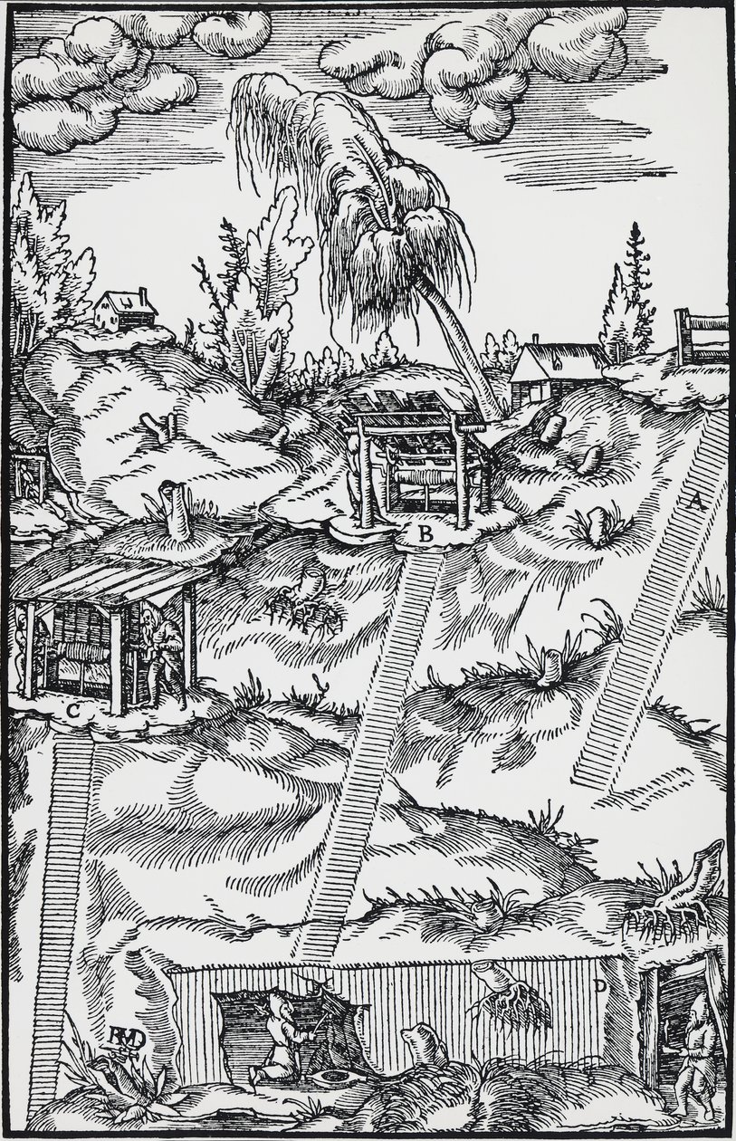 Gravering fra De re metallica (Om metallers natur), av Georg Pawer eller Georgius Agricola (1494-1555), utgitt i Basel av German School