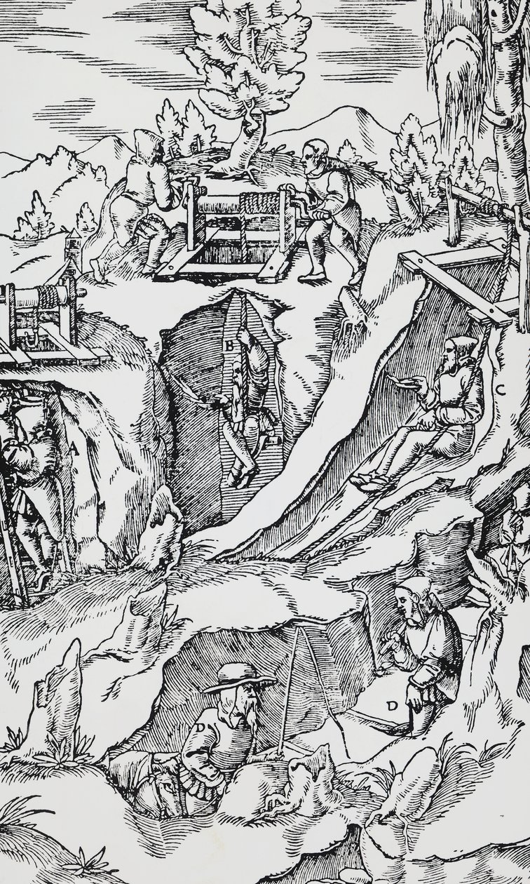 Gravering fra De re metallica (Om metallers natur), av Georg Pawer eller Georgius Agricola (1494-1555), utgitt i Basel av German School