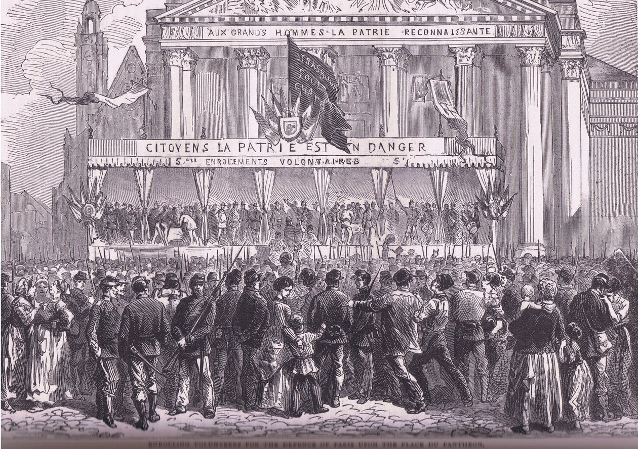 Registrering av frivillige for forsvaret av Paris, Cassells History of the War between France and Germany utgitt av Cassell and Company Limited, ca. 1890 (litho) av German School