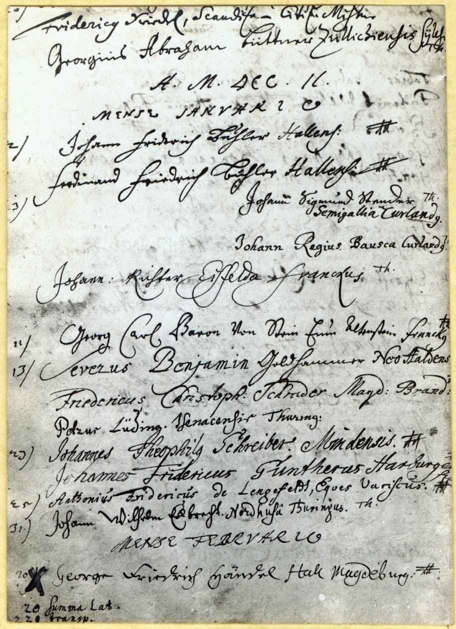 Oppføring i Halle University-postene, som viser Händels navn, 1702 av German School