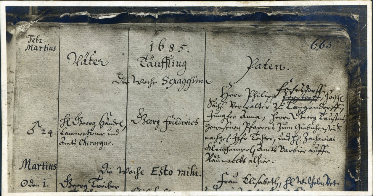 Oppføring av Händels dåp fra kirkeregisteret i Marktkirche, Halle, Tyskland, 1685 av German School
