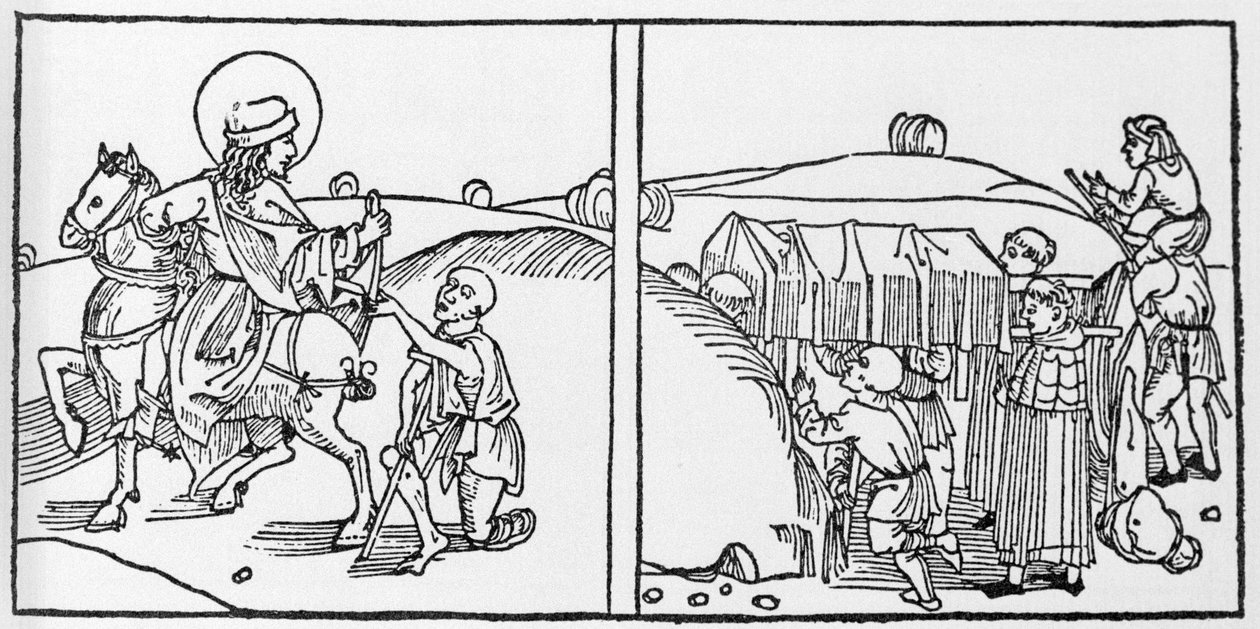 Episoder av St. Martins liv. Gravering fra «Leben der Heiligen - sommerteil» (Helgenens bok) av Jacobus (James) av Voragine (1228-1298). Lübeck 1488. av German School