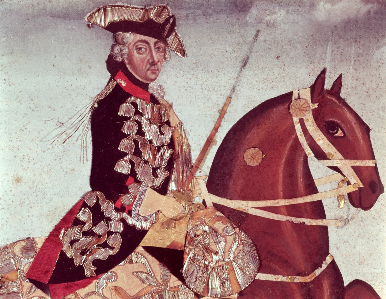 Rytterportrett av kong Fredrik den store av Preussen (1712-86) (wc og gulltråd på papir) av German School